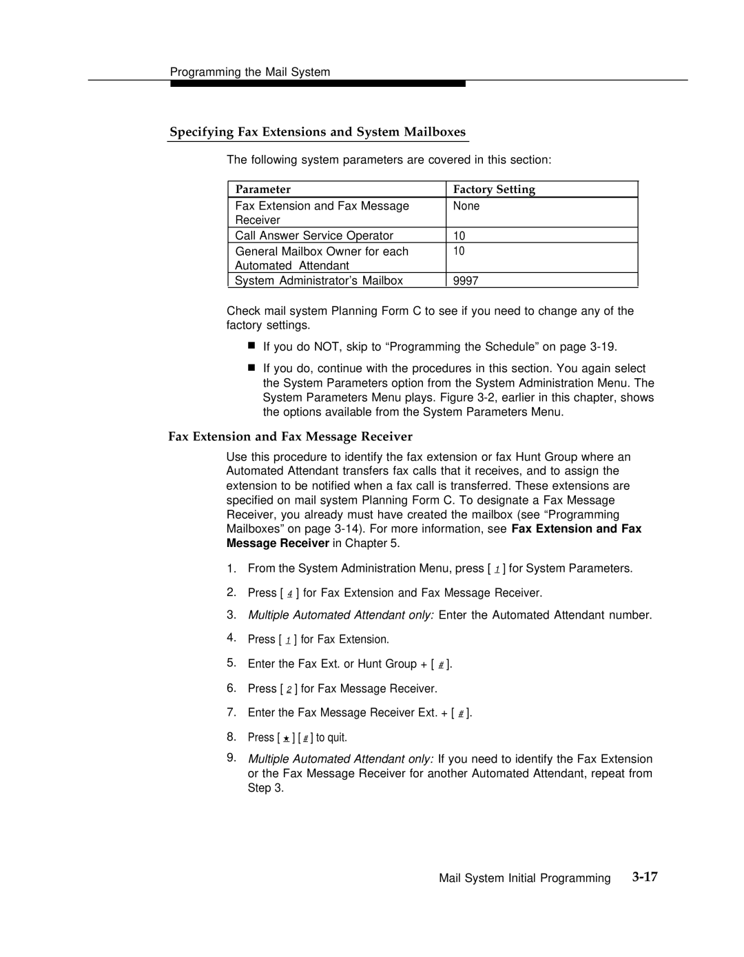 AT&T 3 manual Specifying Fax Extensions and System Mailboxes, Fax Extension and Fax Message Receiver 