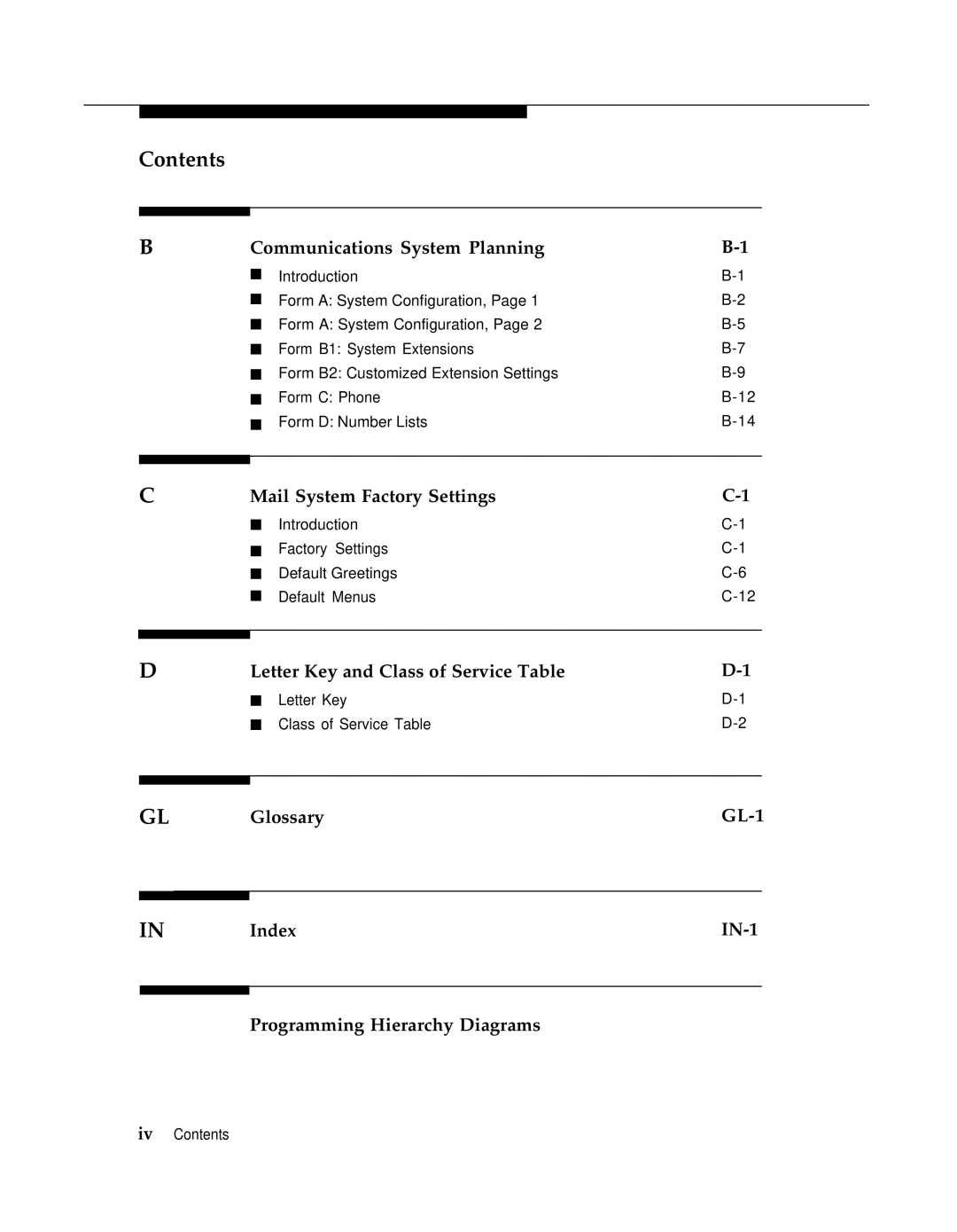 AT&T 3 Communications System Planning, Mail System Factory Settings, Letter Key and Class of Service Table, GL-1 IN-1 