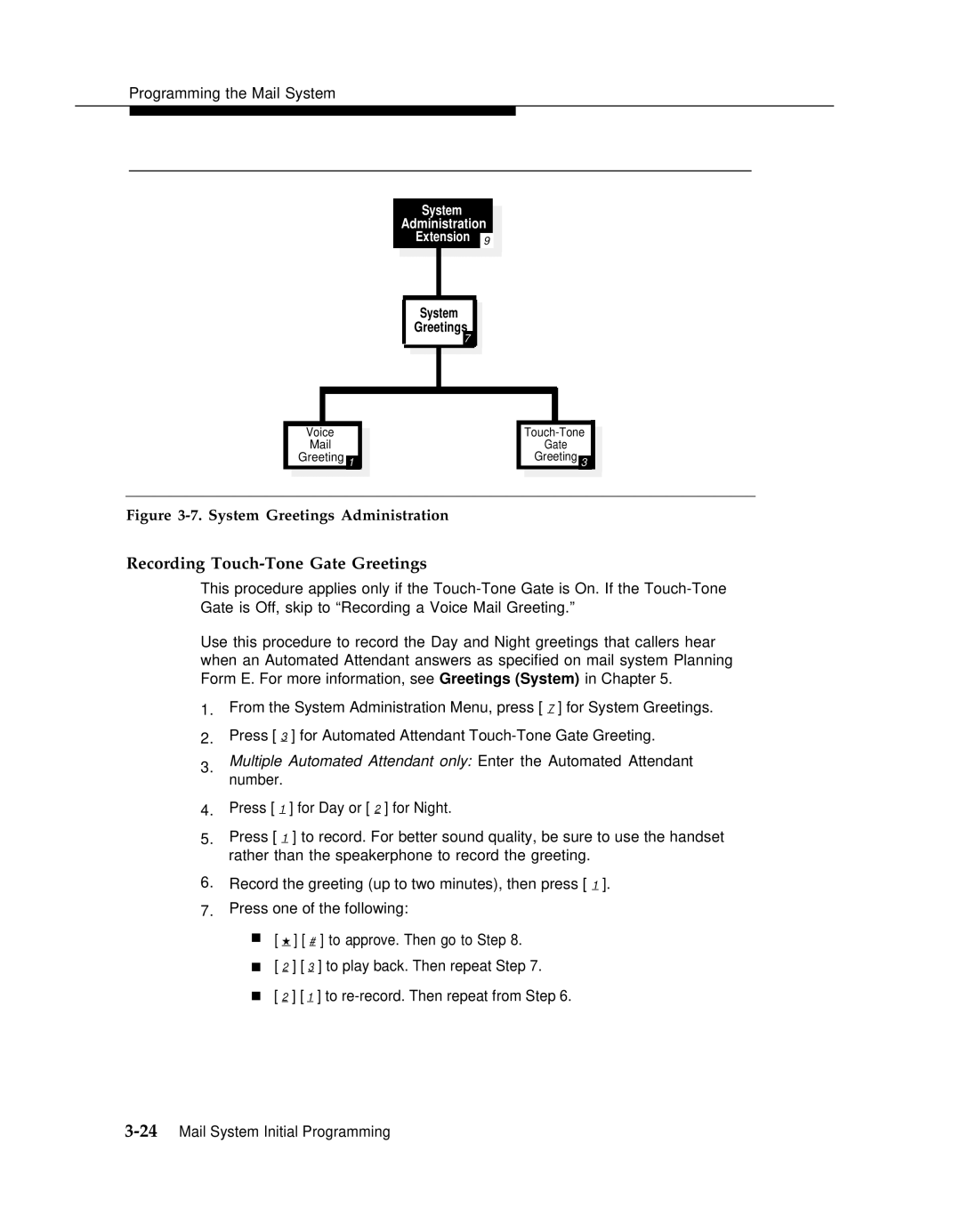 AT&T 3 manual Recording Touch-Tone Gate Greetings, System Greetings Administration 