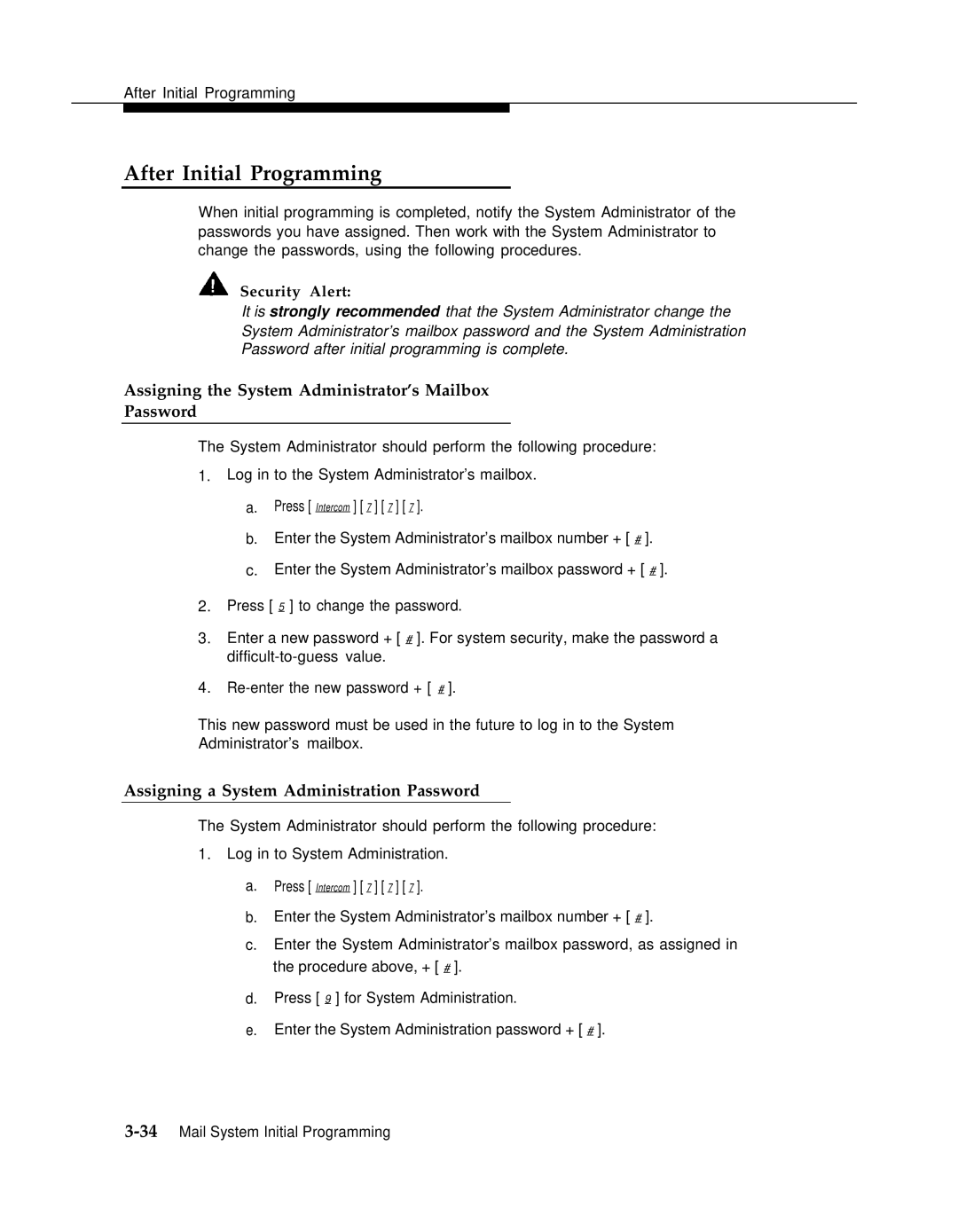 AT&T 3 manual After Initial Programming, Assigning the System Administrator’s Mailbox Password 