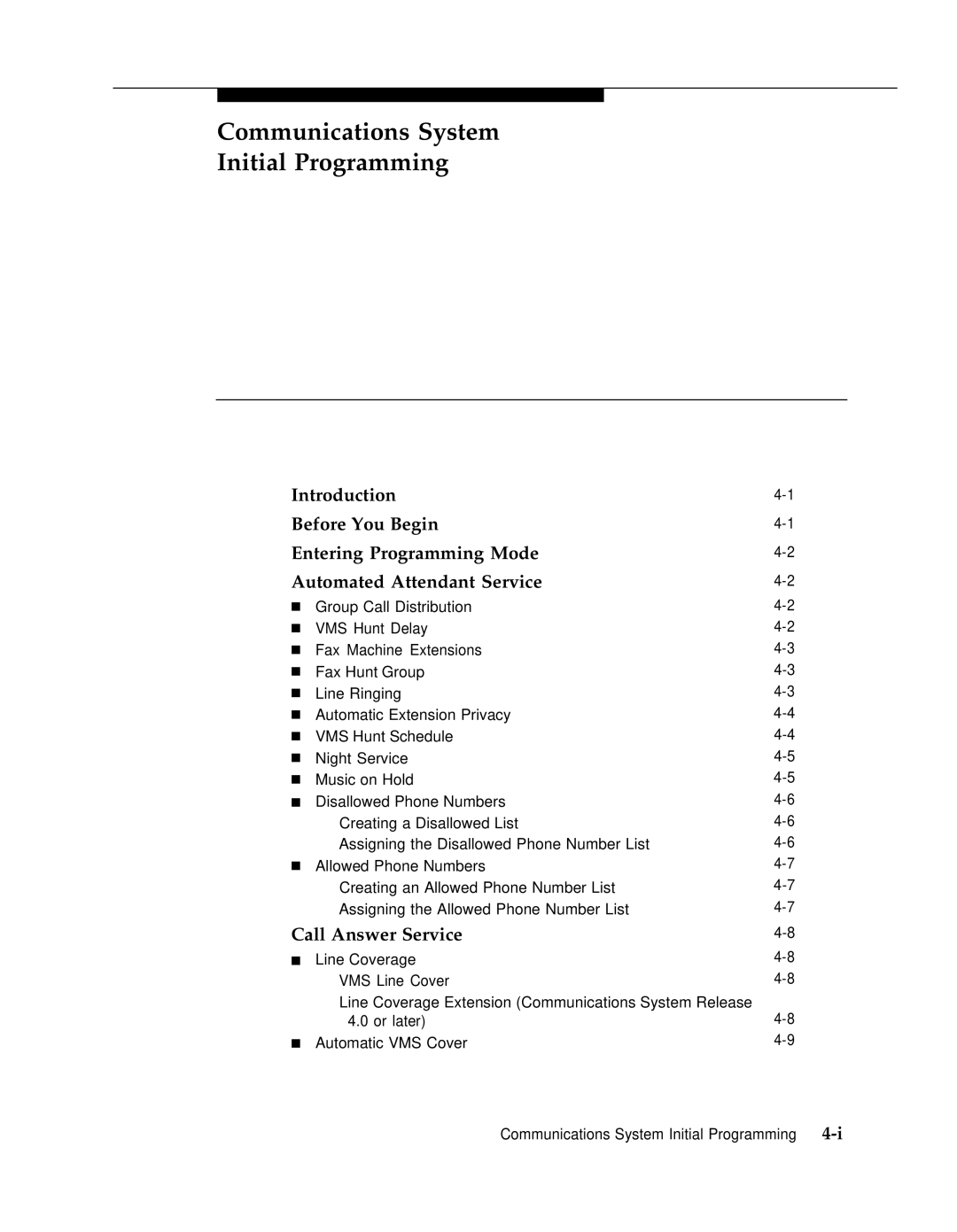 AT&T 3 manual Communications System Initial Programming, Call Answer Service 