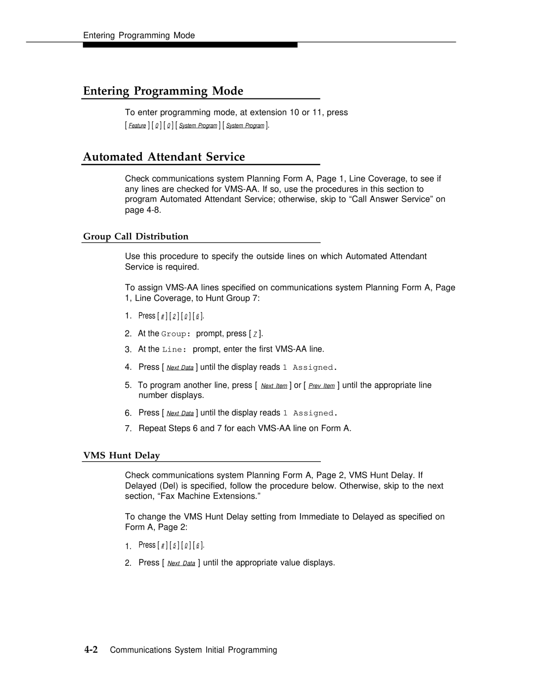 AT&T 3 manual Entering Programming Mode, Automated Attendant Service, Group Call Distribution, VMS Hunt Delay 