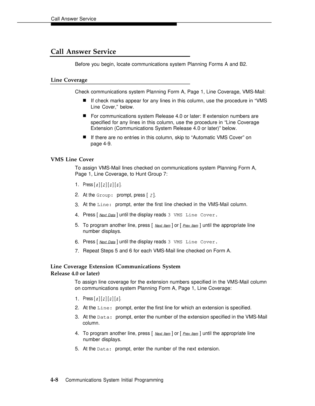 AT&T 3 manual Call Answer Service, Line Coverage, VMS Line Cover 