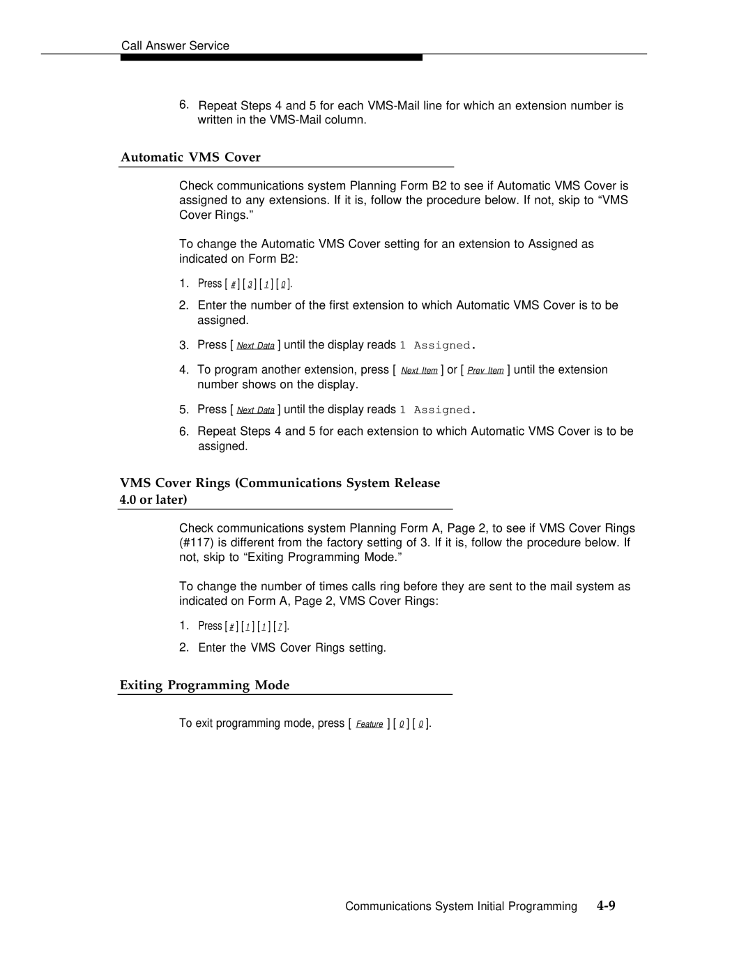 AT&T 3 manual Automatic VMS Cover, VMS Cover Rings Communications System Release 4.0 or later, Exiting Programming Mode 