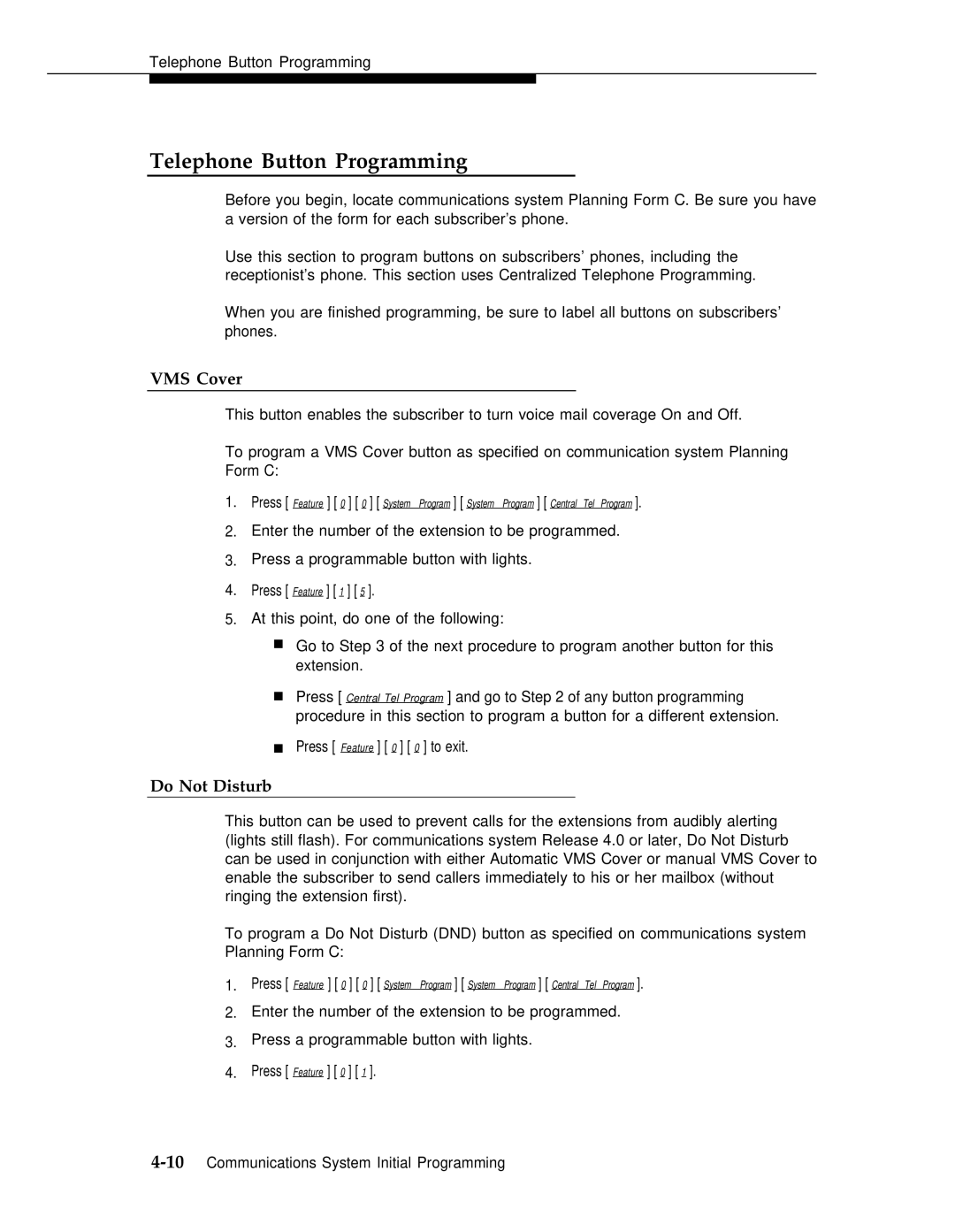 AT&T 3 manual Telephone Button Programming, VMS Cover, Do Not Disturb 