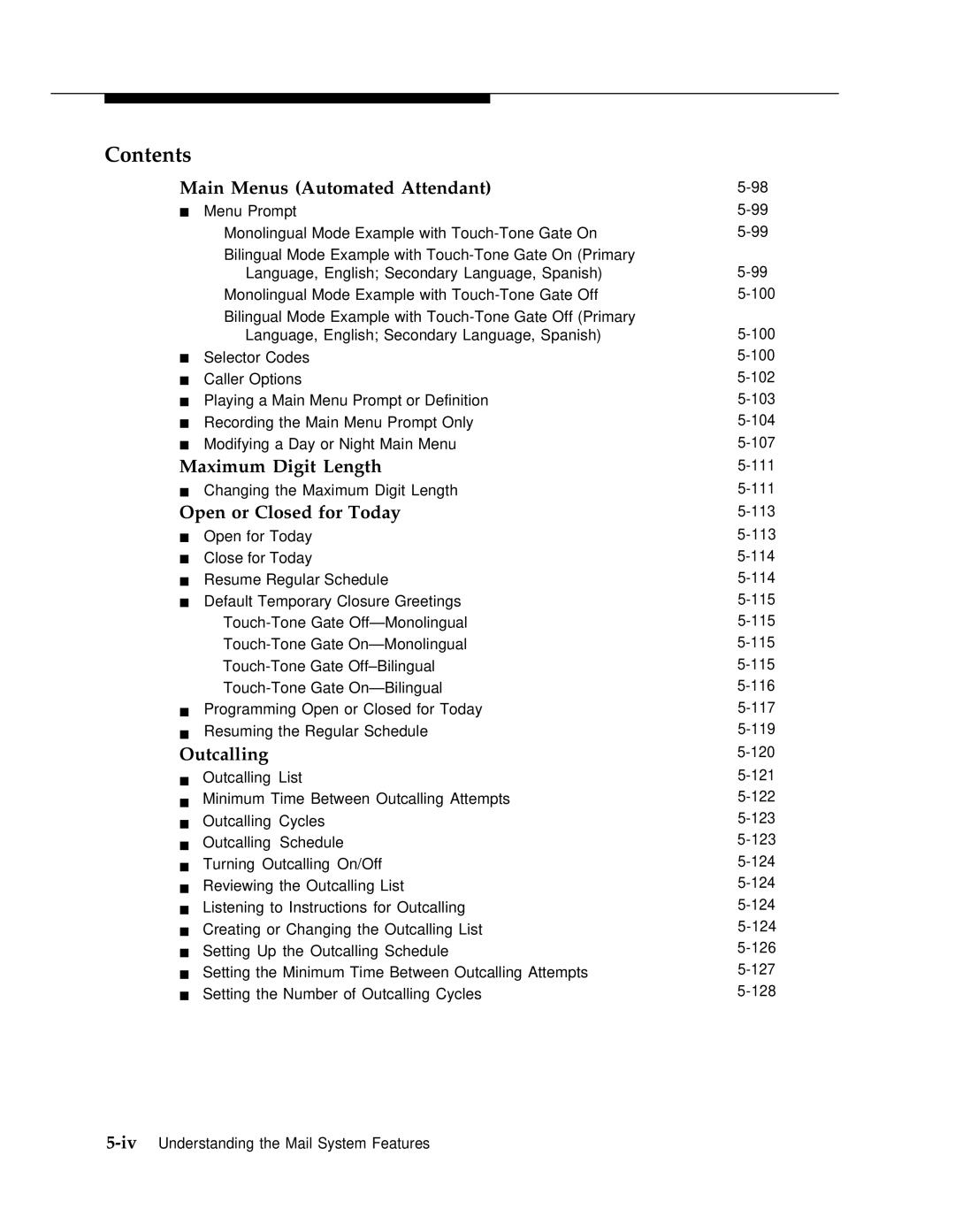 AT&T 3 manual Main Menus Automated Attendant, Maximum Digit Length, Open or Closed for Today, Outcalling 