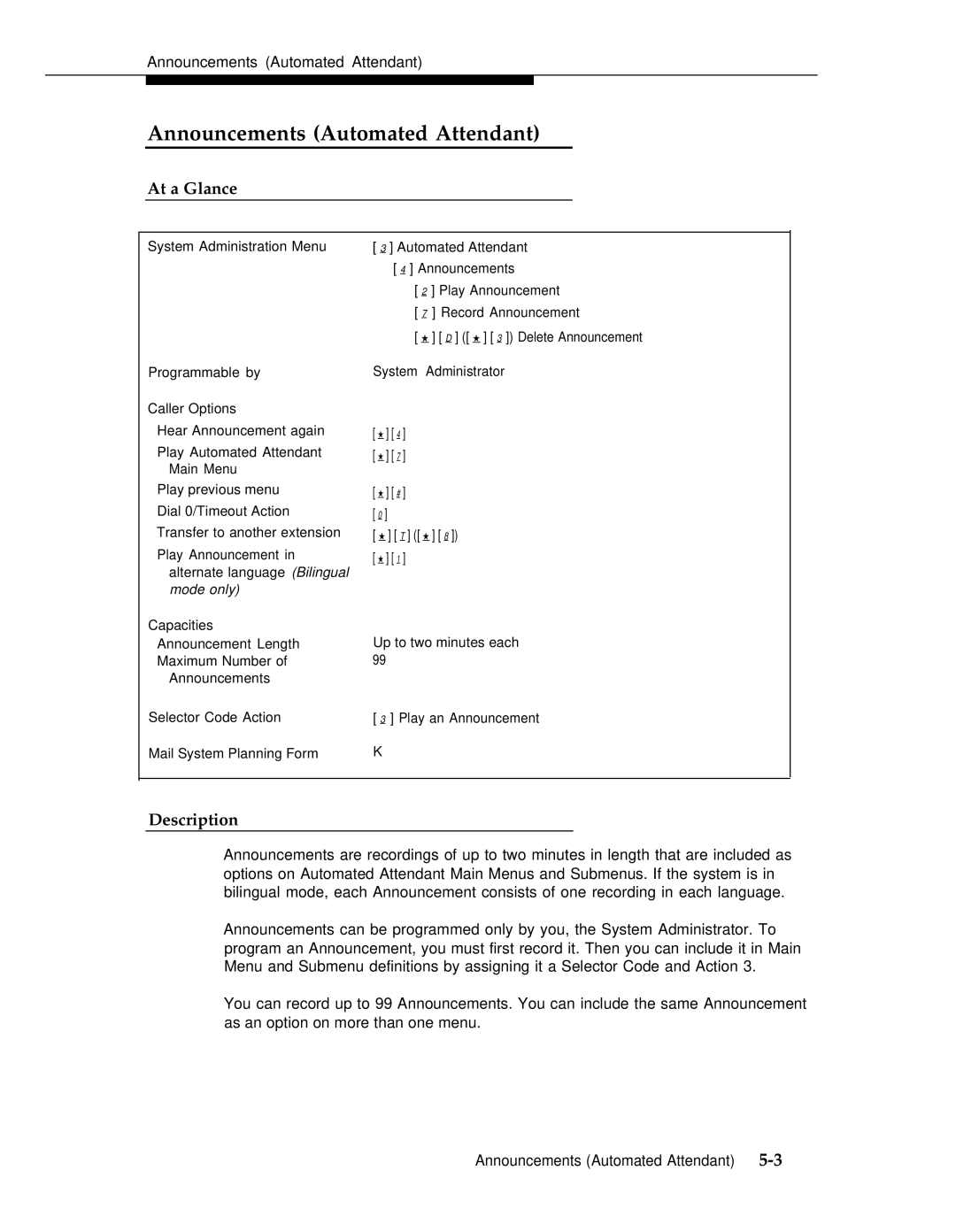 AT&T 3 manual Announcements Automated Attendant, At a Glance, Description 