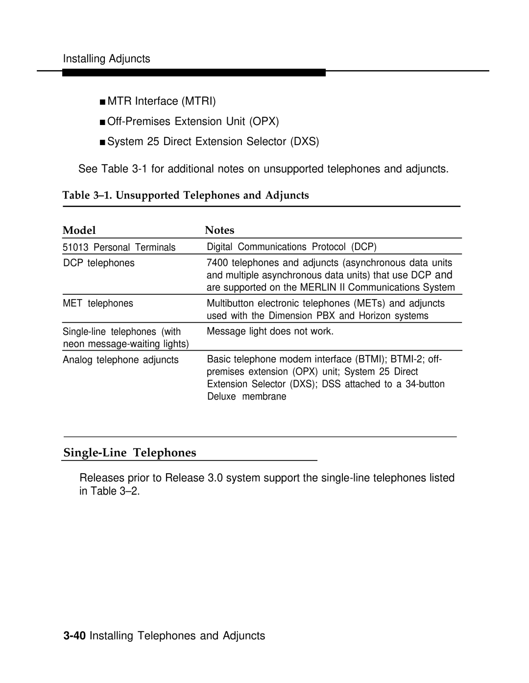 AT&T 3.0 manual Single-Line Telephones, Unsupported Telephones and Adjuncts Model 