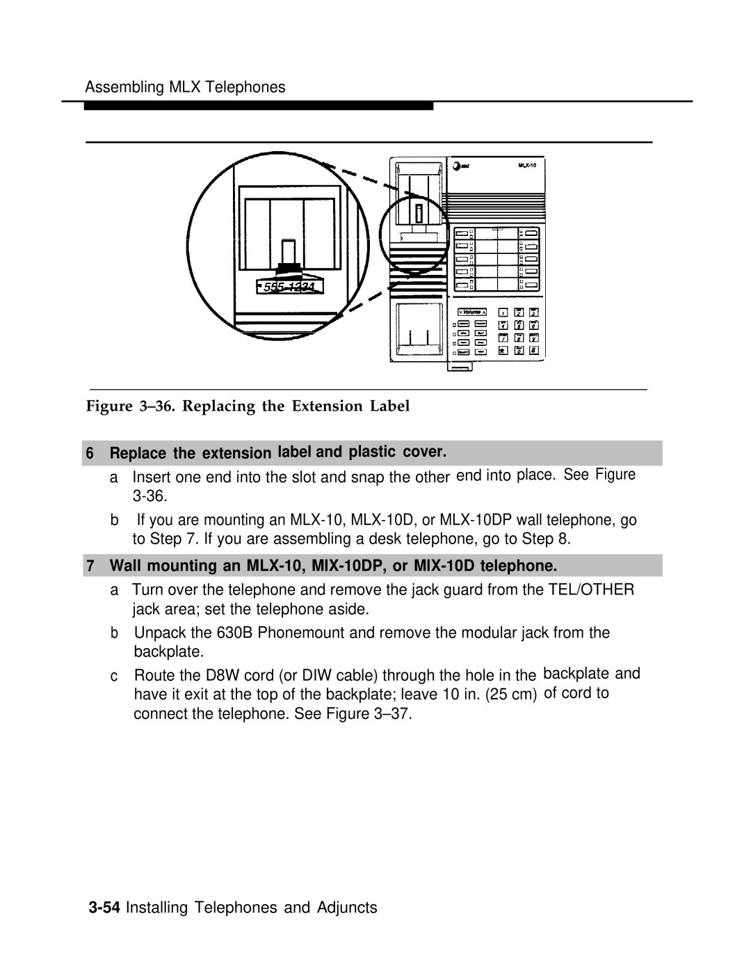 AT&T 3.0 manual Replace the extension label and plastic cover, Wall mounting an MLX-10, MIX-10DP, or MlX-10D telephone 