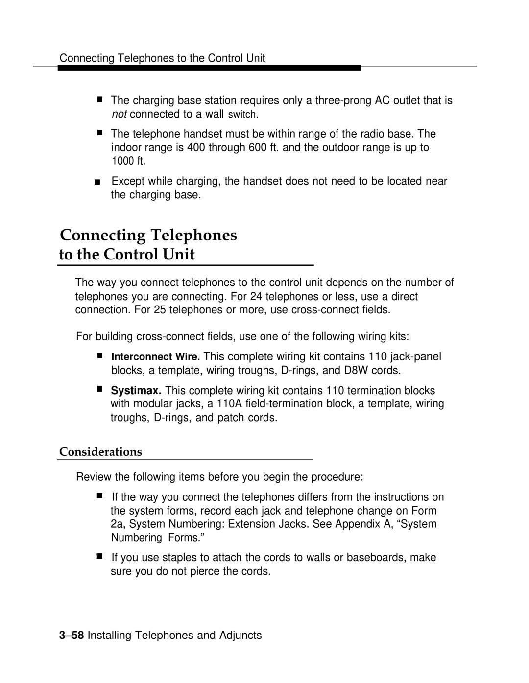 AT&T 3.0 manual Connecting Telephones To the Control Unit, Considerations 