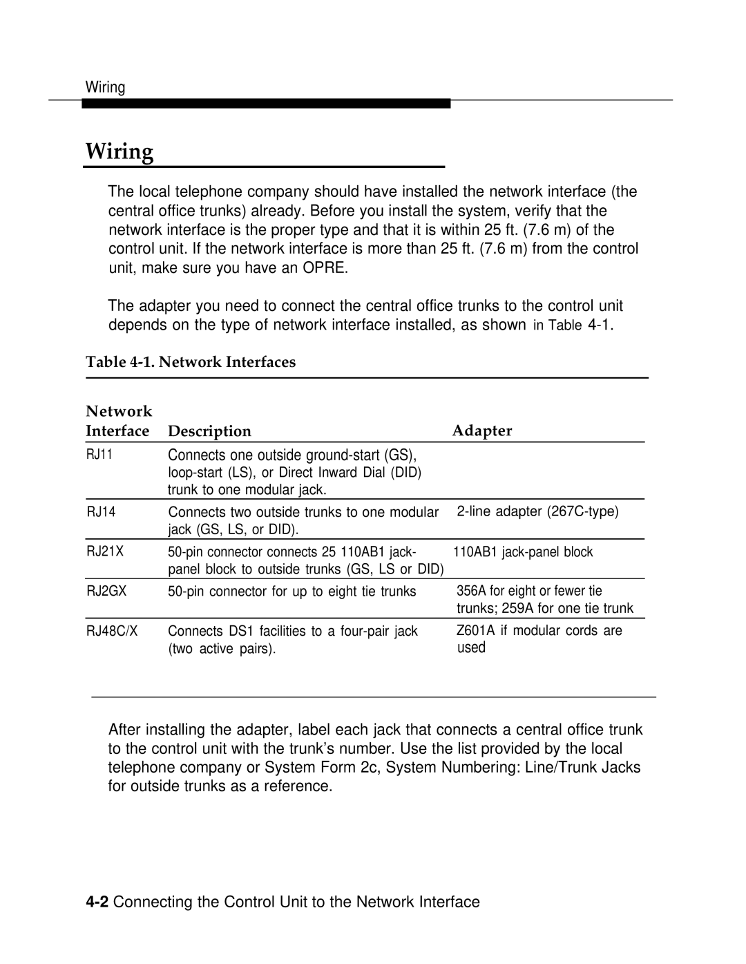 AT&T 3.0 manual Wiring, Network Interfaces Description Adapter 