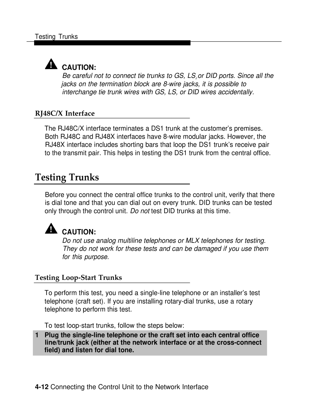 AT&T 3.0 manual Testing Trunks, RJ48C/X Interface, Testing Loop-Start Trunks 