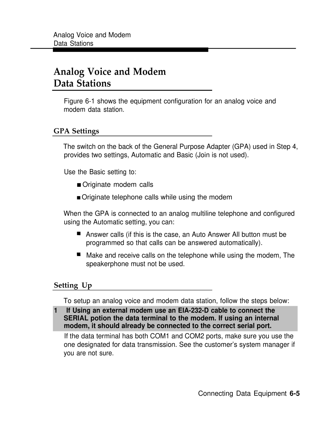 AT&T 3.0 manual Analog Voice and Modem Data Stations, GPA Settings, Setting Up 