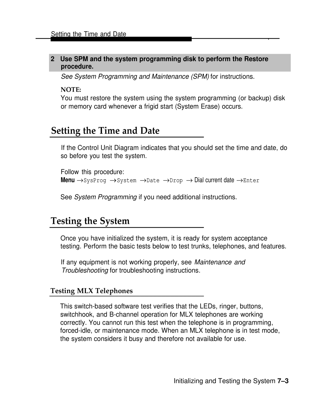 AT&T 3.0 manual Setting the Time and Date, Testing the System, Testing MLX Telephones 