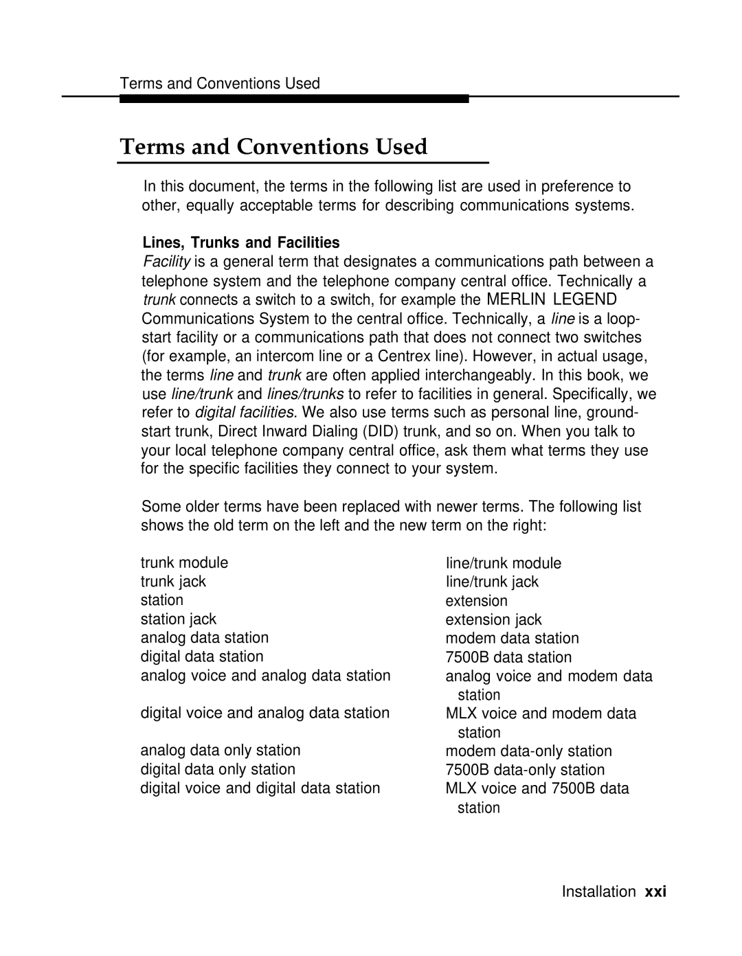 AT&T 3.0 manual Terms and Conventions Used, Lines, Trunks and Facilities 