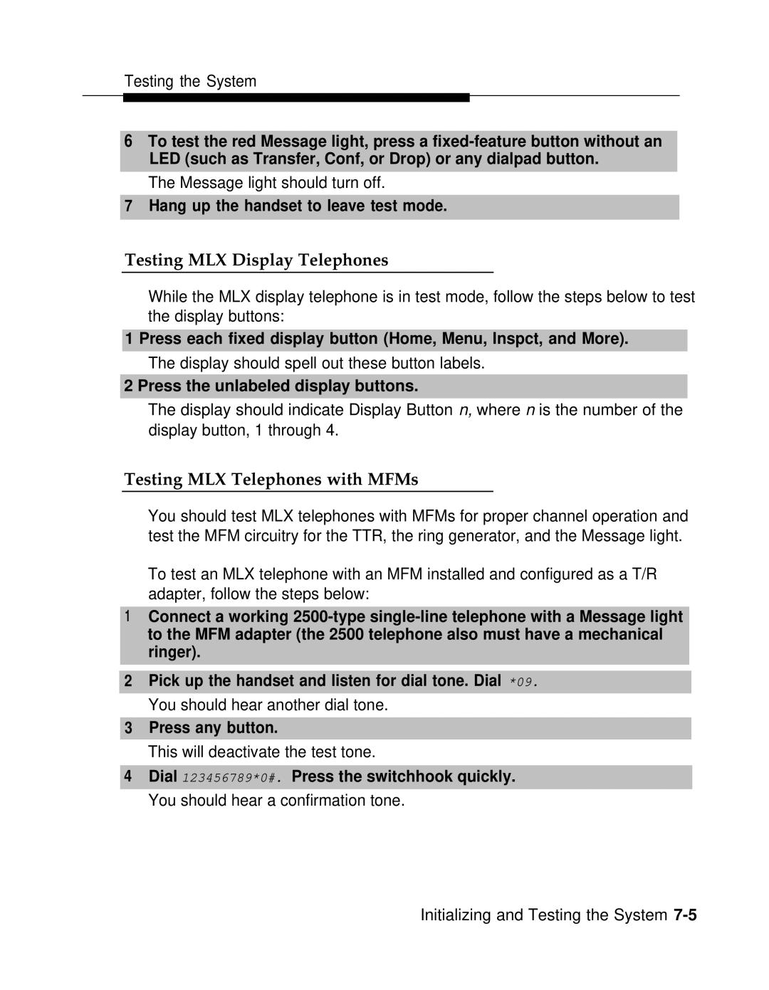 AT&T 3.0 manual Testing MLX Display Telephones, Testing MLX Telephones with MFMs, Hang up the handset to leave test mode 