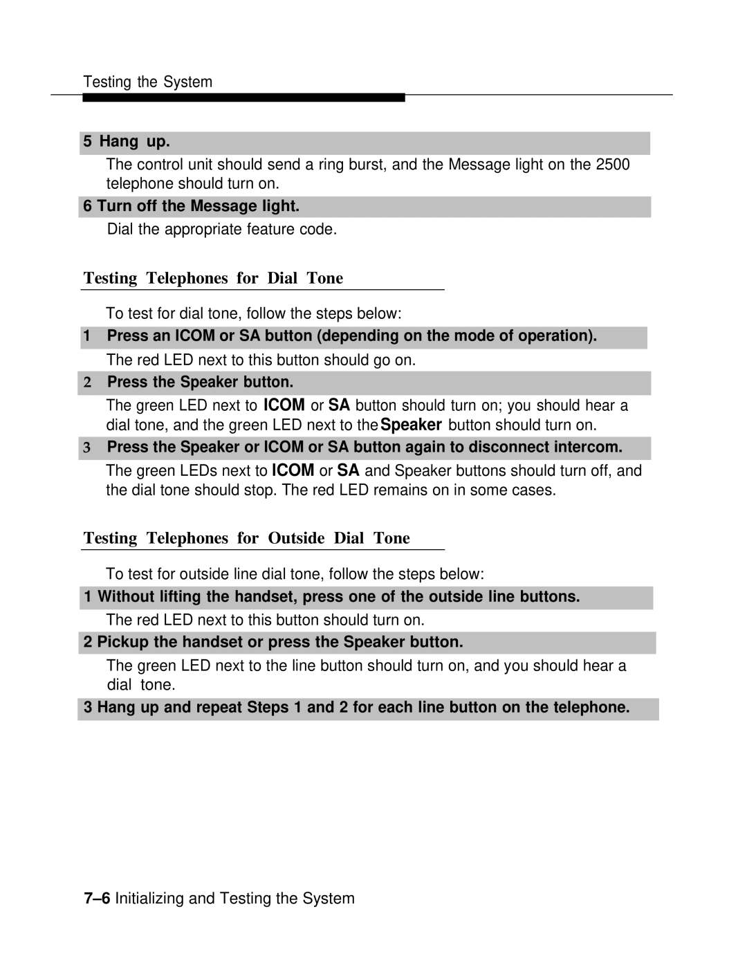 AT&T 3.0 Testing Telephones for Dial Tone, Testing Telephones for Outside Dial Tone, Hang up, Turn off the Message light 