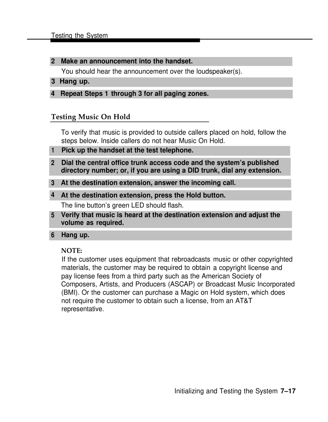 AT&T 3.0 manual Testing Music On Hold, Make an announcement into the handset 