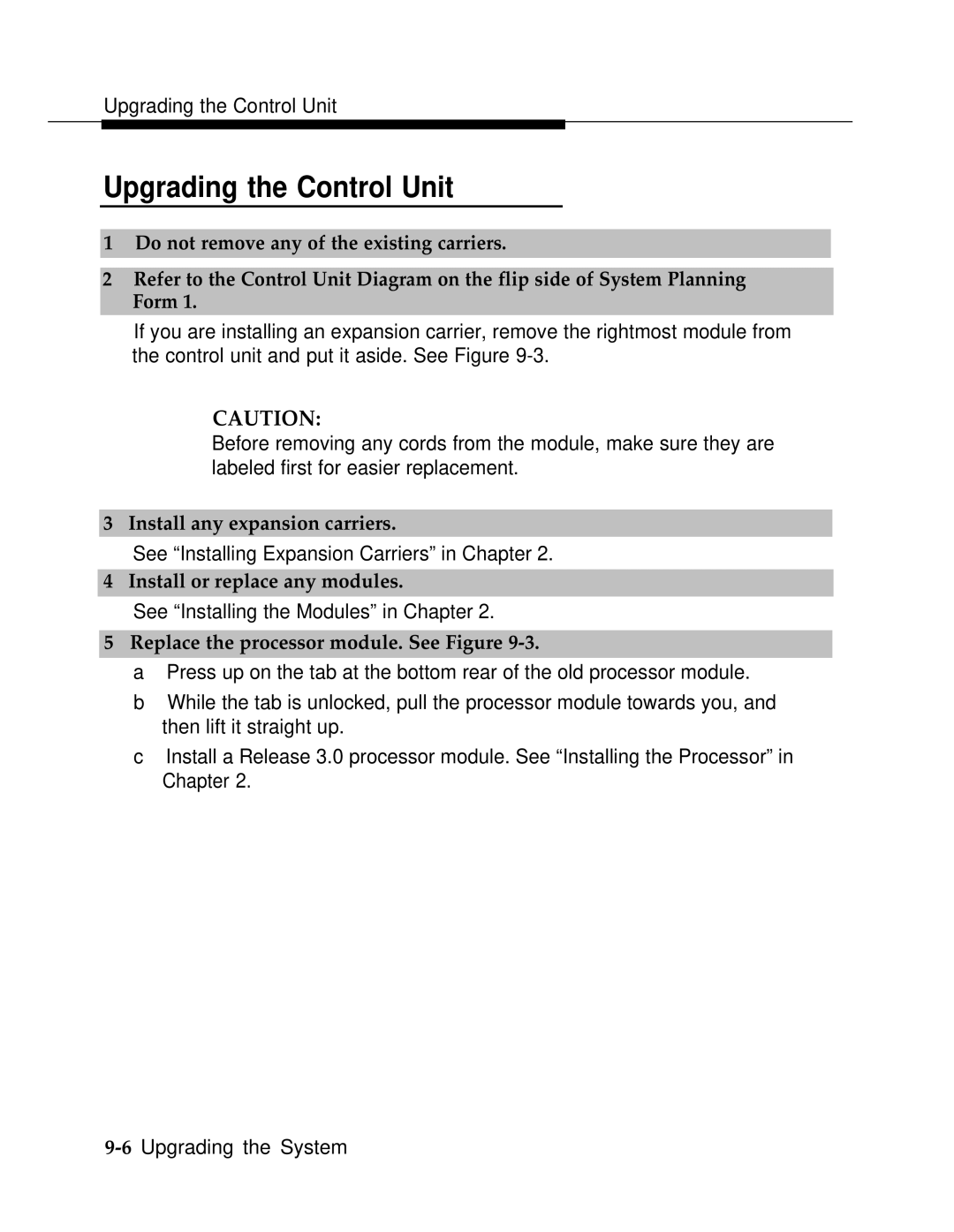 AT&T 3.0 manual Upgrading the Control Unit, Install any expansion carriers, Install or replace any modules 