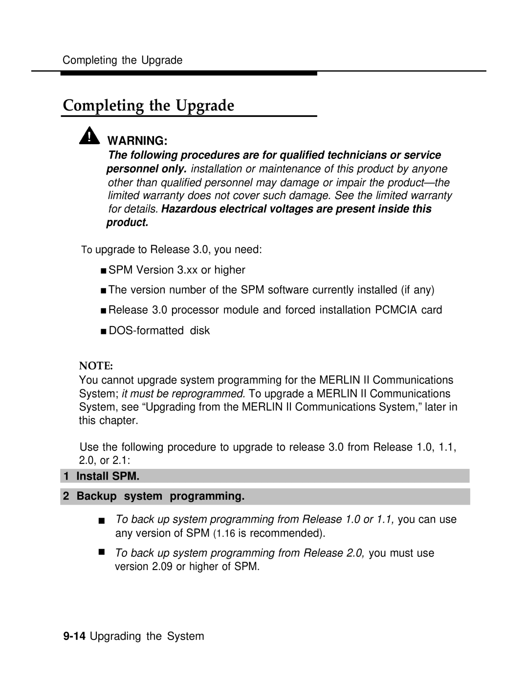 AT&T 3.0 manual Completing the Upgrade, Install SPM Backup system programming 