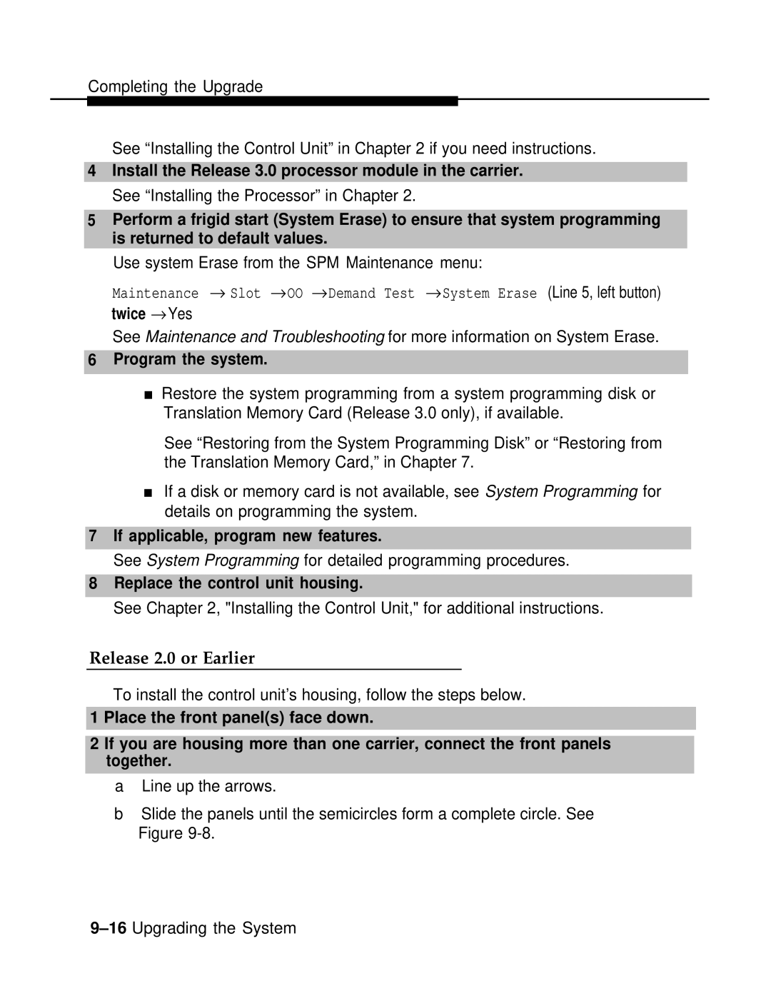 AT&T 3.0 manual Release 2.0 or Earlier, Program the system, Replace the control unit housing 