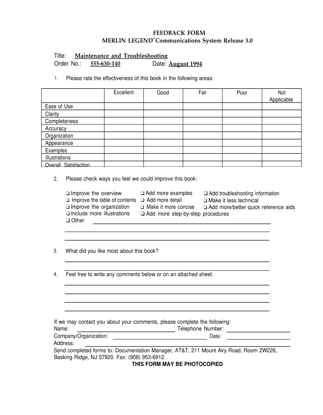 AT&T 3.0 manual Feedback Form 