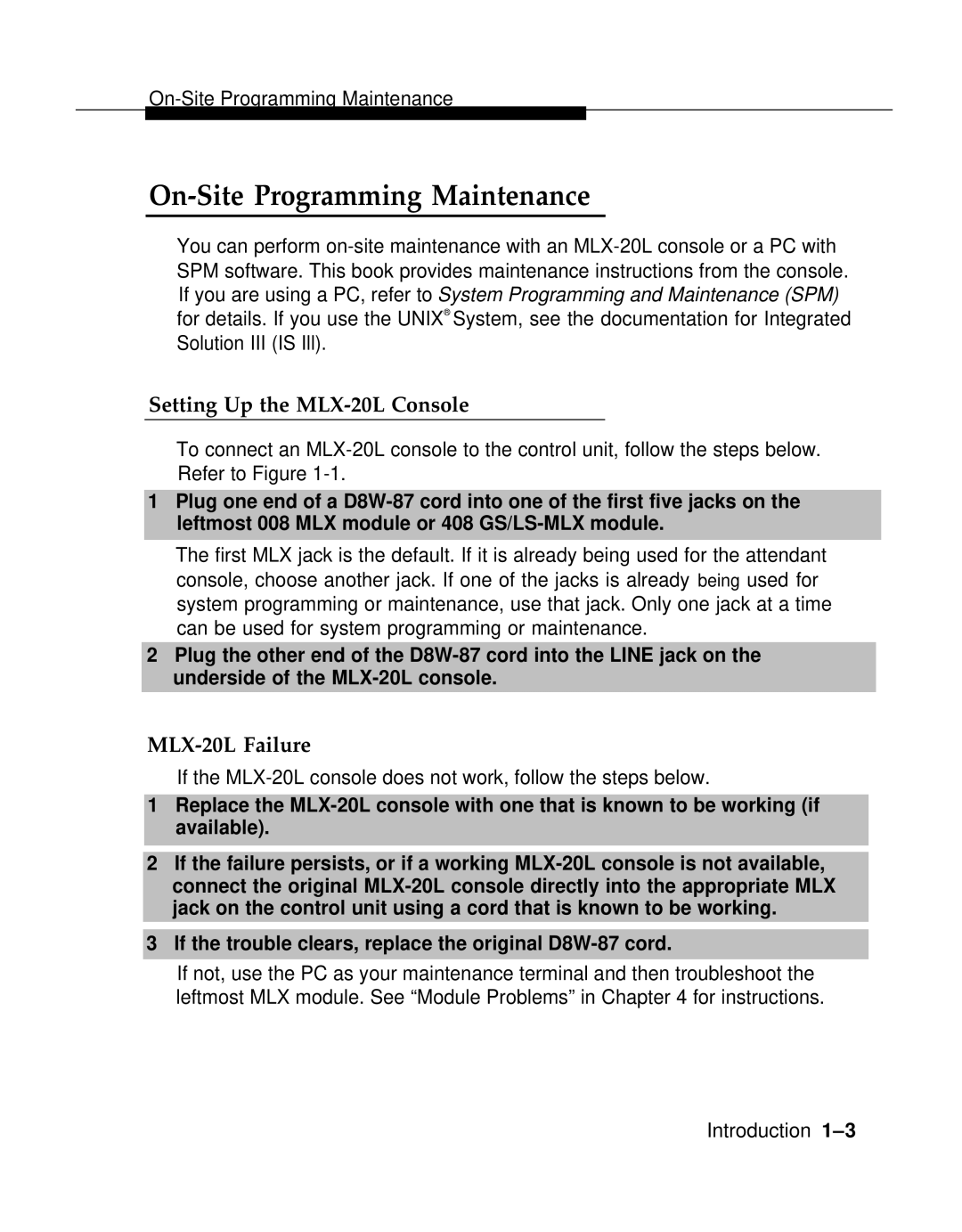 AT&T 3.0 manual On-Site Programming Maintenance, Setting Up the MLX-20L Console, MLX-20L Failure 