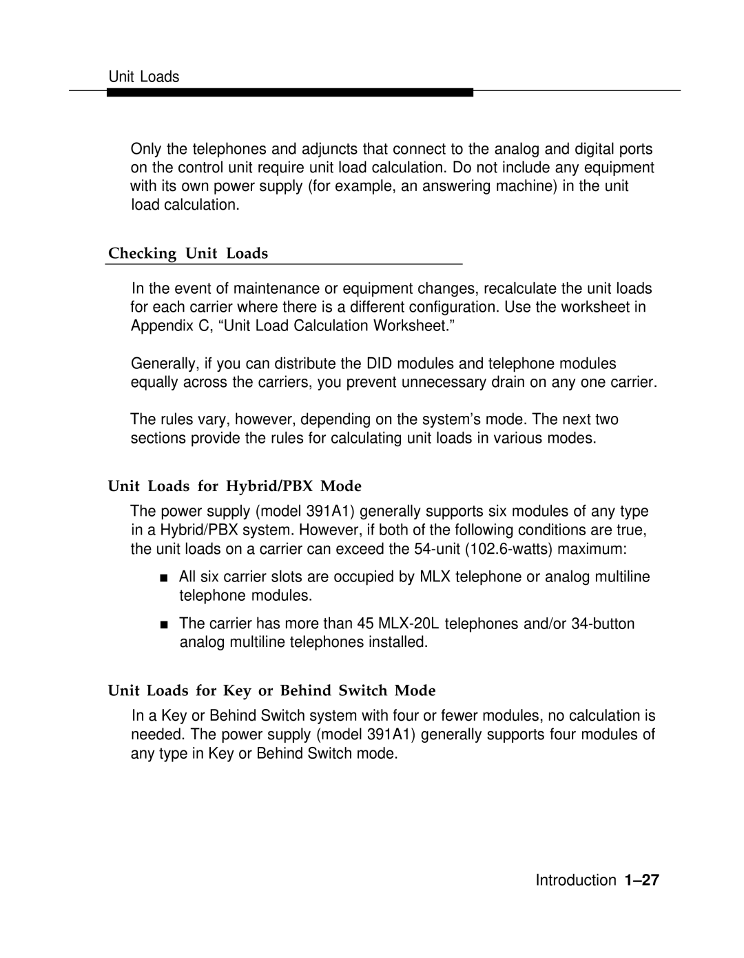 AT&T 3.0 manual Checking Unit Loads, Unit Loads for Hybrid/PBX Mode, Unit Loads for Key or Behind Switch Mode 