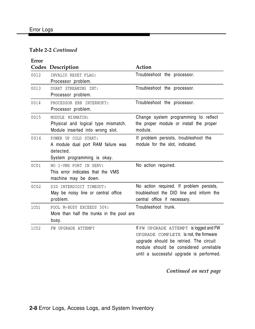 AT&T 3.0 manual 8Error Logs, Access Logs, and System Inventory 