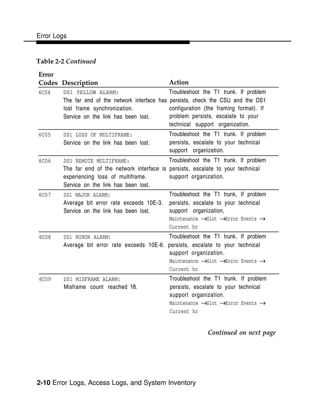 AT&T 3.0 manual 10Error Logs, Access Logs, and System Inventory 