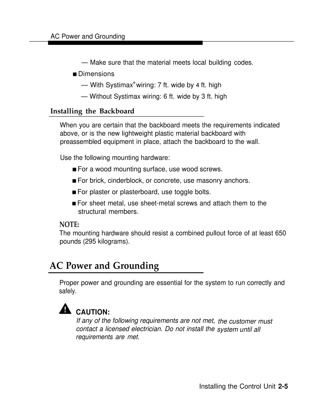 AT&T 3.0 manual AC Power and Grounding, Installing the Backboard 