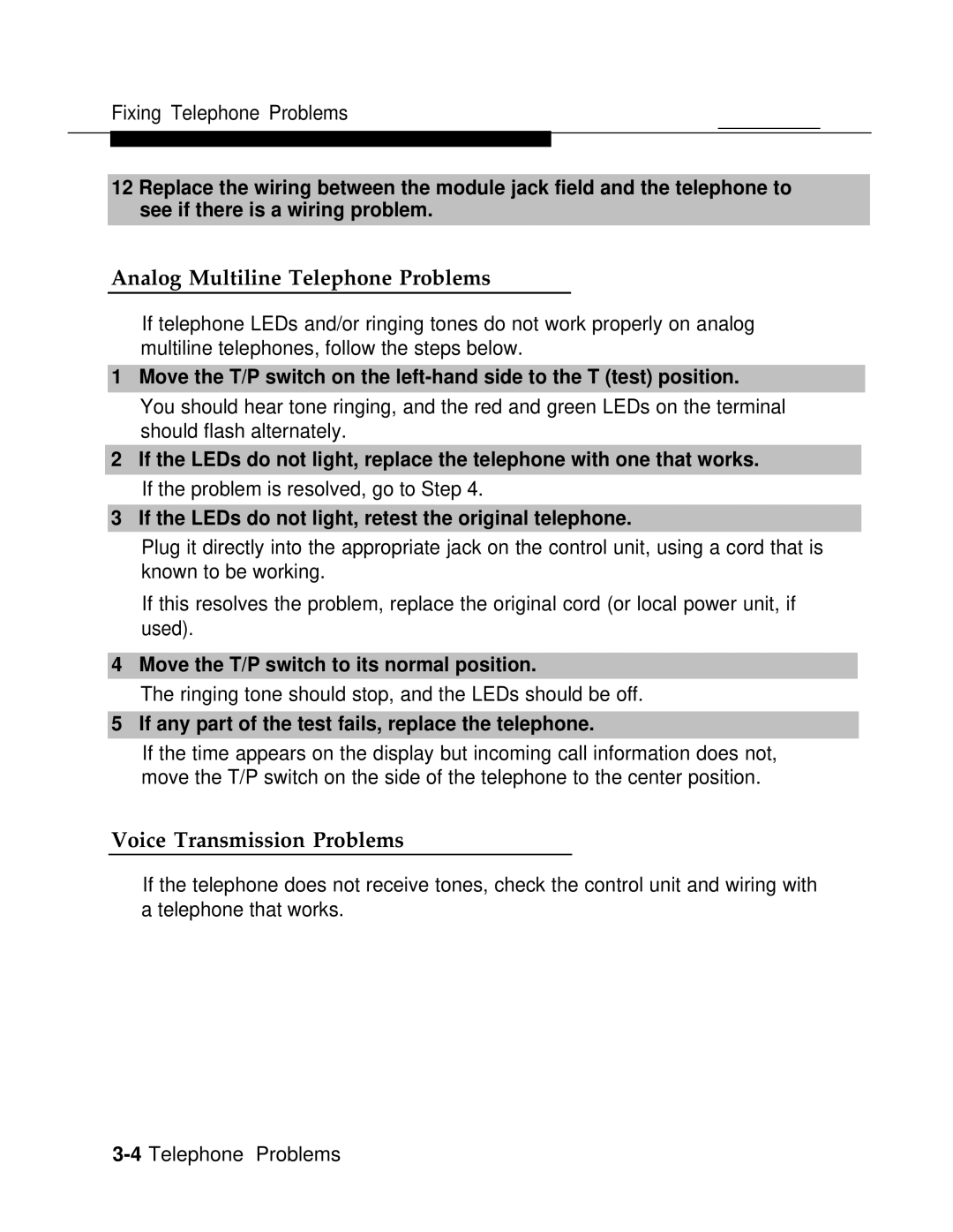 AT&T 3.0 Analog Multiline Telephone Problems, Voice Transmission Problems, Move the T/P switch to its normal position 