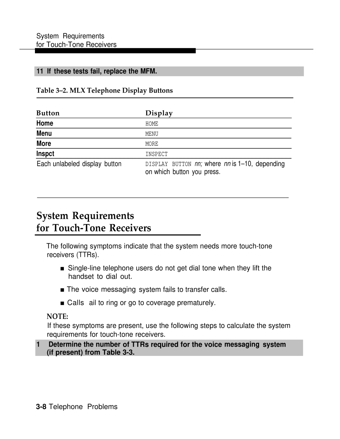 AT&T 3.0 System Requirements For Touch-Tone Receivers, If these tests fail, replace the MFM, MLX Telephone Display Buttons 