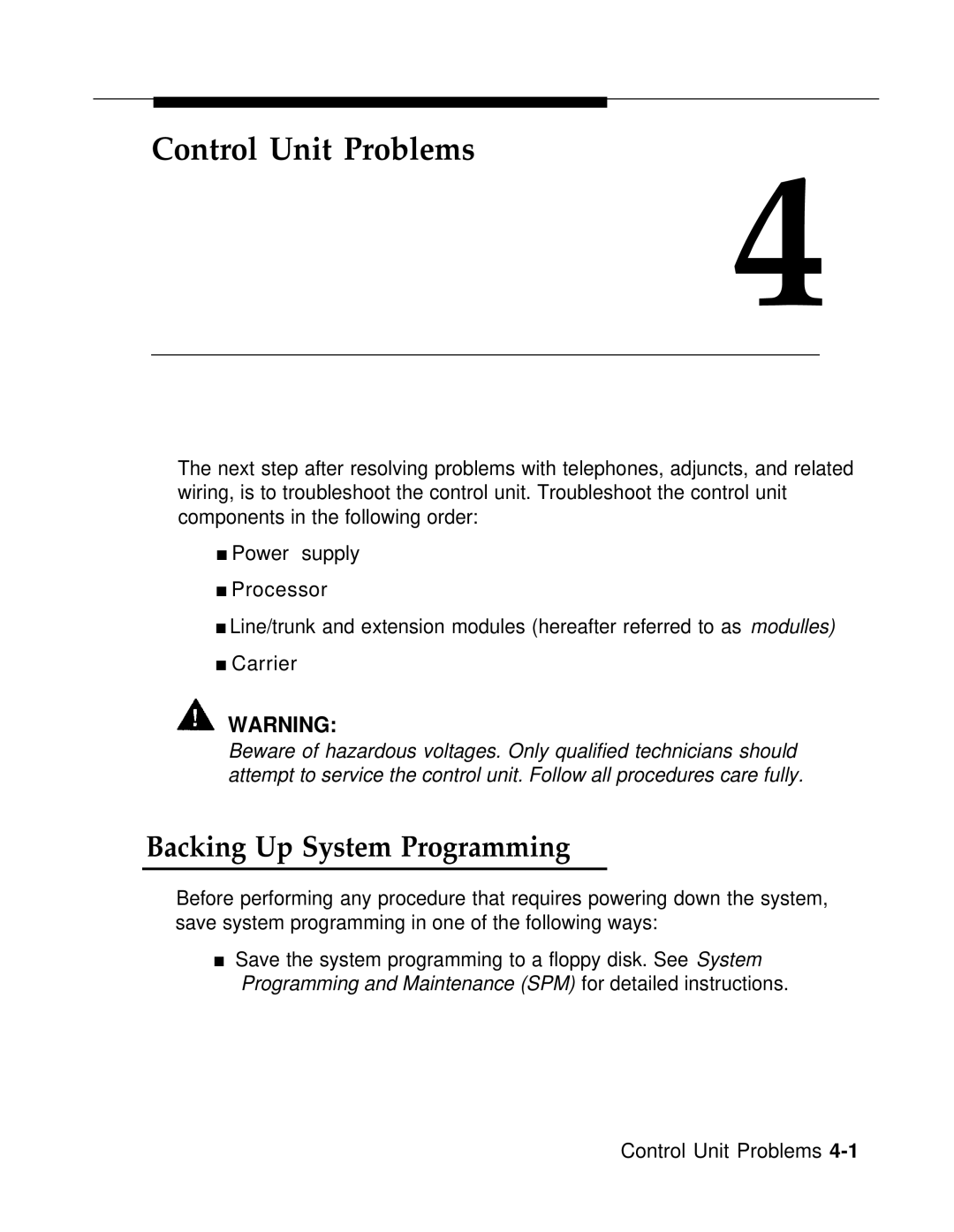 AT&T 3.0 manual Control Unit Problems, Backing Up System Programming 