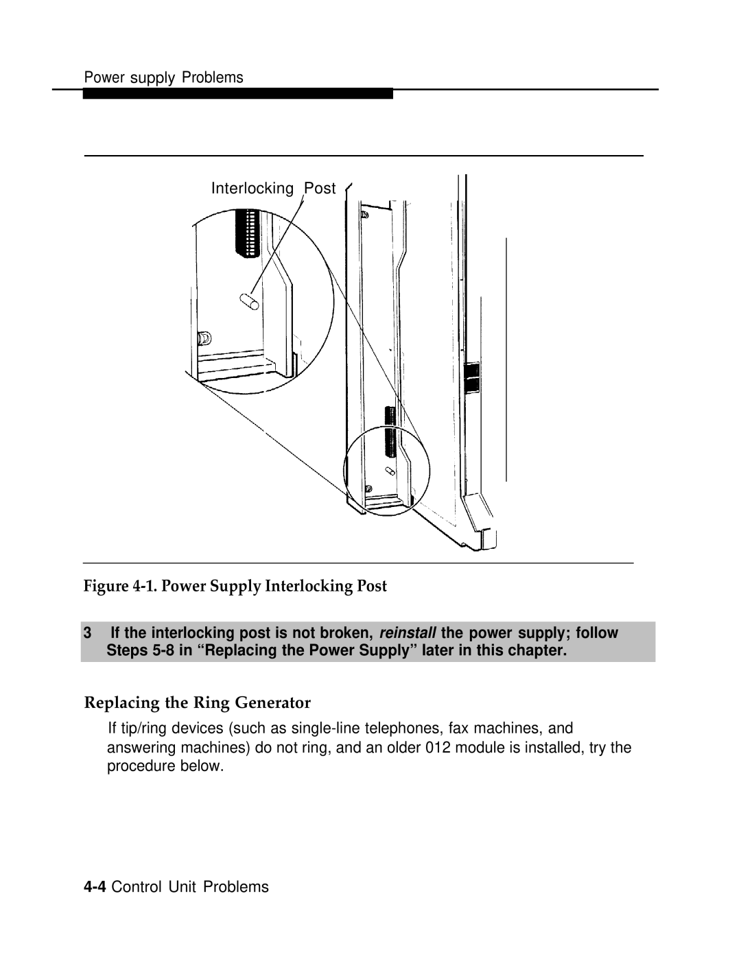 AT&T 3.0 manual Power Supply Interlocking Post, Replacing the Ring Generator 