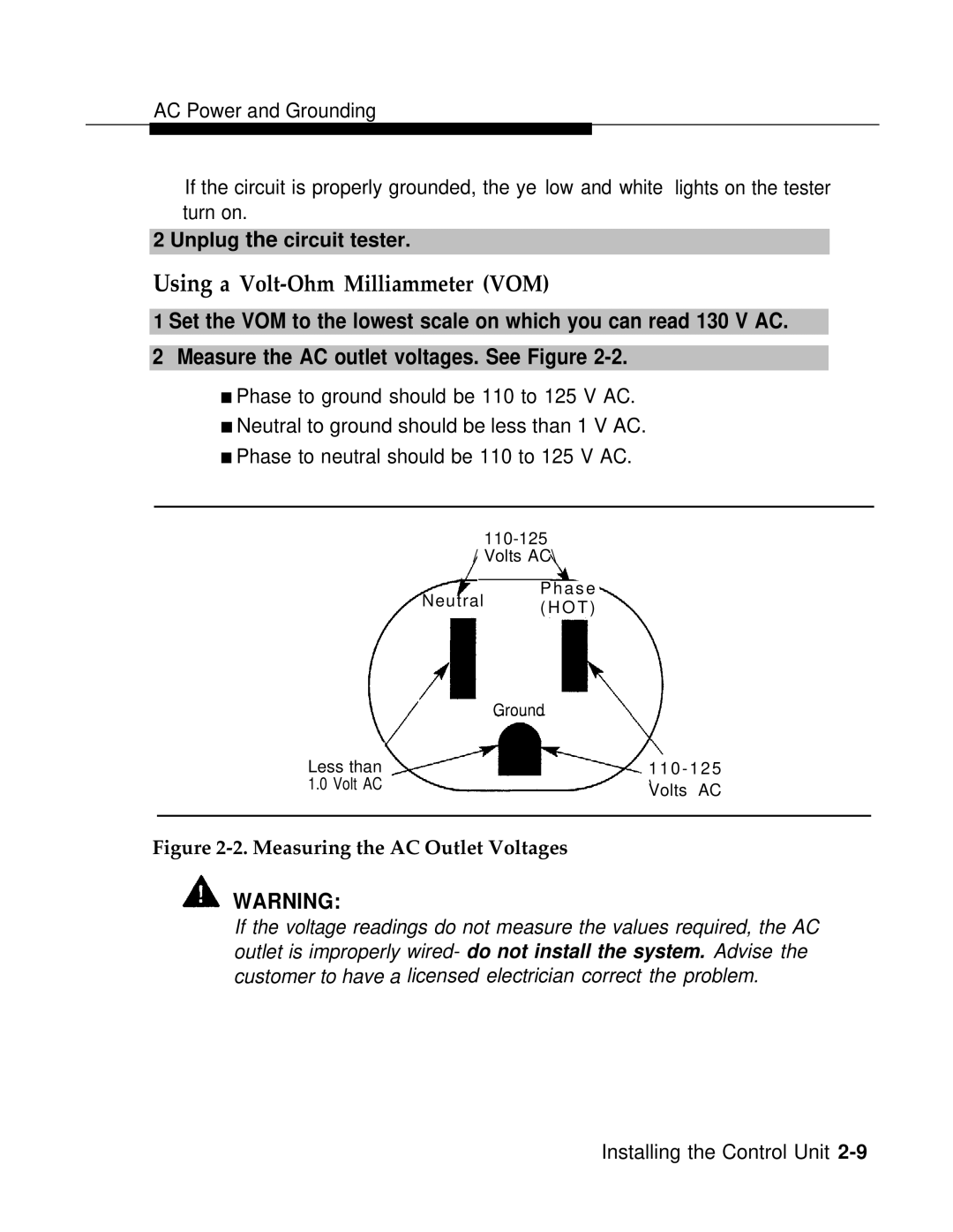 AT&T 3.0 manual Unplug the circuit tester, Measuring the AC Outlet Voltages 