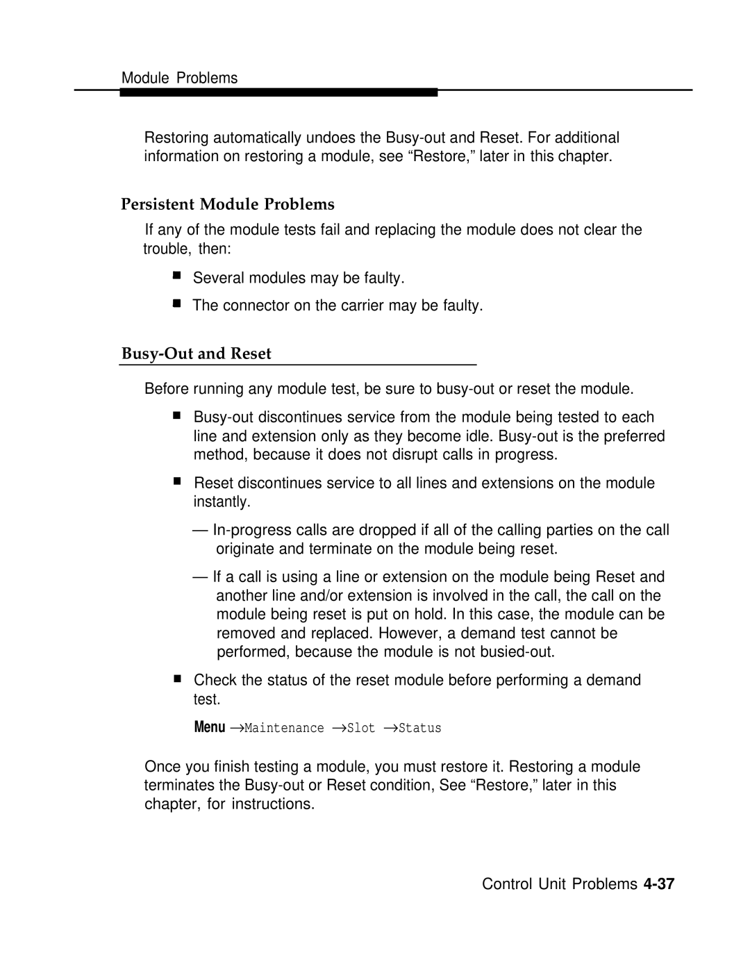AT&T 3.0 manual Persistent Module Problems, Busy-Out and Reset 