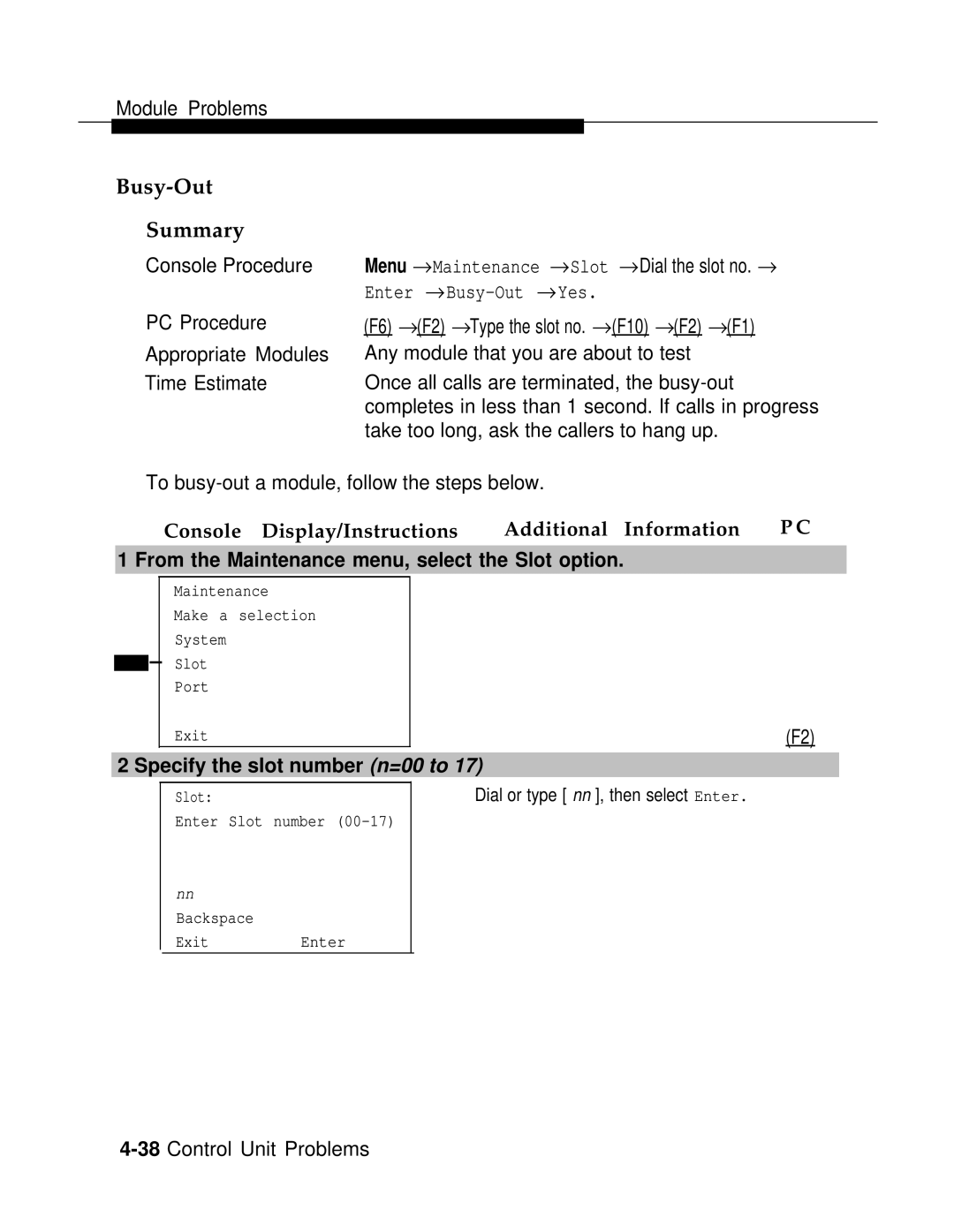 AT&T 3.0 manual Busy-Out Summary, Specify the slot number n=00 to 