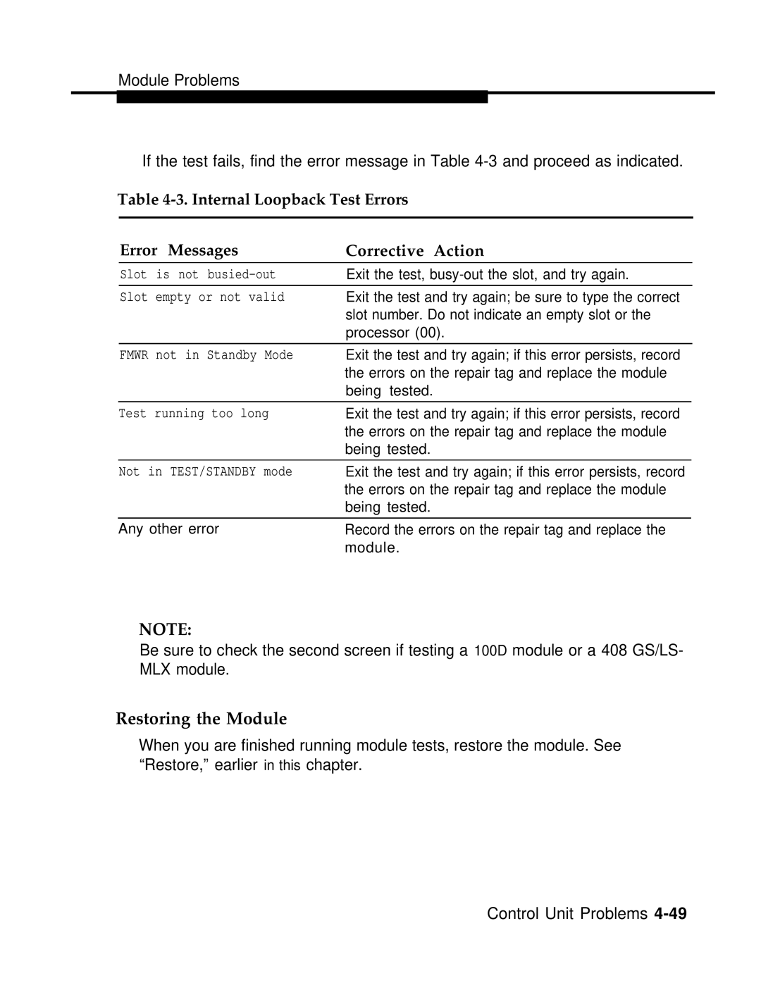 AT&T 3.0 manual Restoring the Module, Slot empty or not valid 