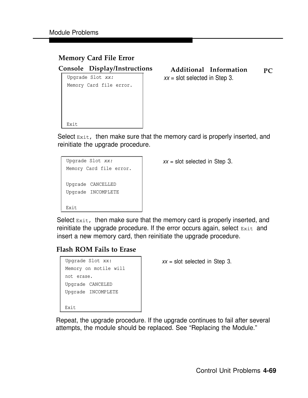 AT&T 3.0 manual Memory Card File Error, Flash ROM Fails to Erase, Xx = slot selected in Step 