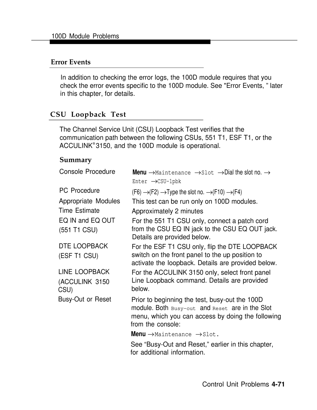 AT&T 3.0 manual Error Events, CSU Loopback Test 