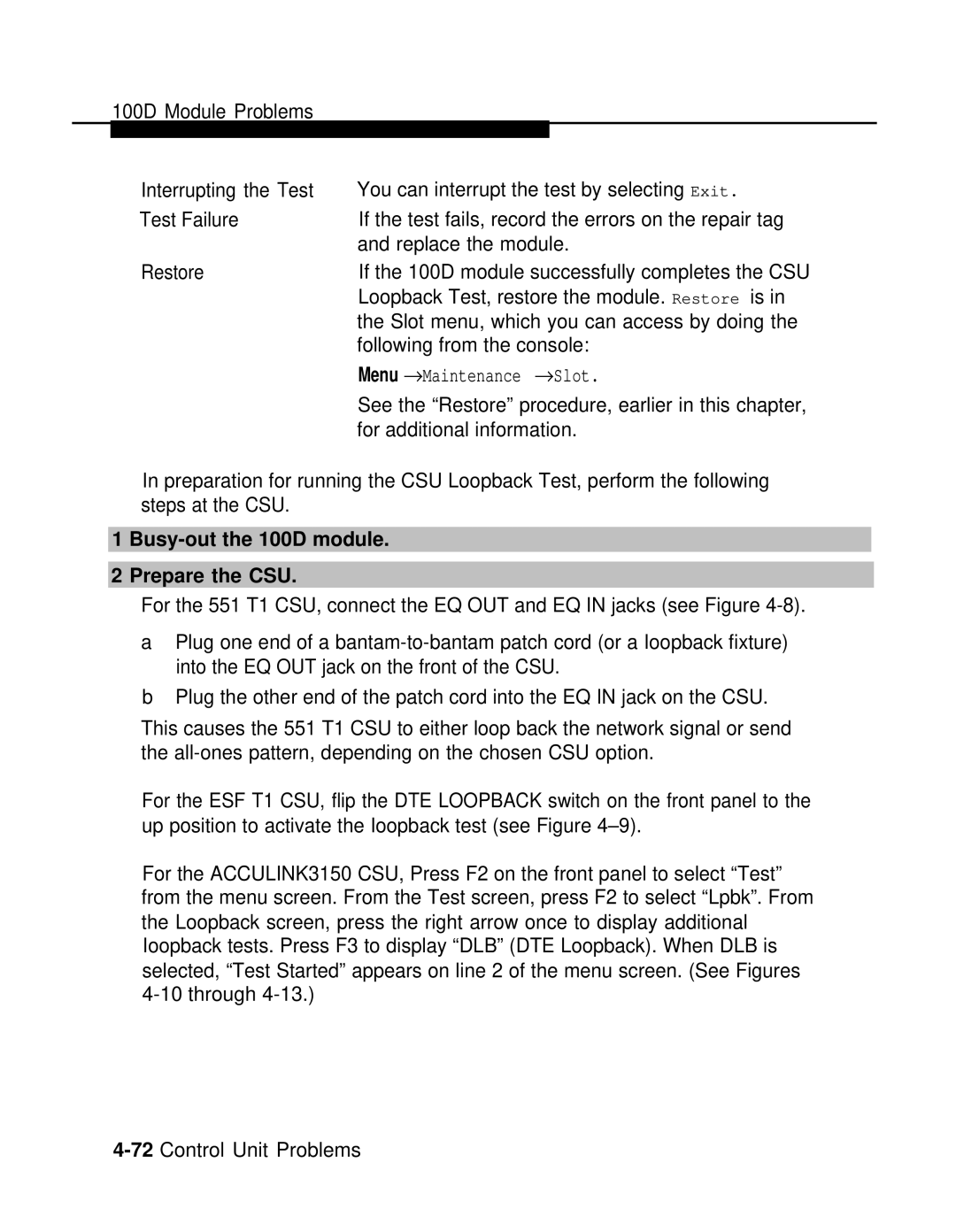 AT&T 3.0 manual Busy-out the 100D module Prepare the CSU 