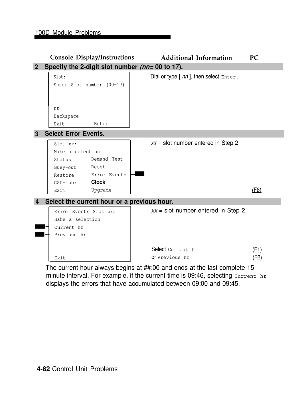 AT&T 3.0 manual Specify the 2-digit slot number nn= 00 to, Select Error Events, Select the current hour or a previous hour 