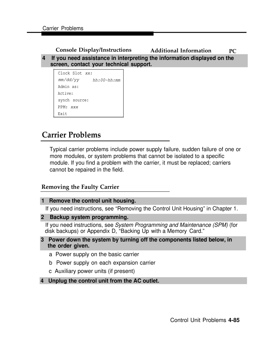 AT&T 3.0 manual Carrier Problems, Removing the Faulty Carrier, Unplug the control unit from the AC outlet 