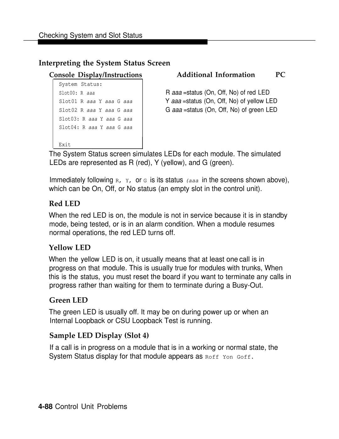 AT&T 3.0 manual Interpreting the System Status Screen, Red LED, Yellow LED, Green LED, Sample LED Display Slot 