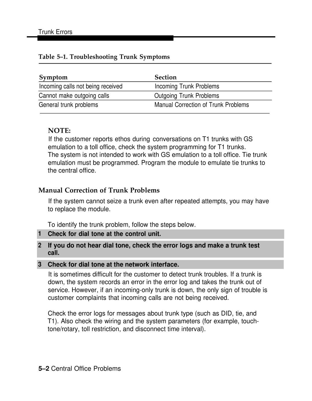 AT&T 3.0 manual Manual Correction of Trunk Problems, Troubleshooting Trunk Symptoms Section 