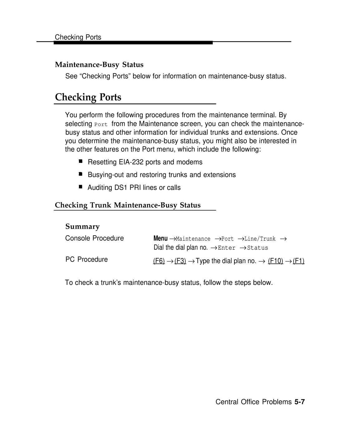 AT&T 3.0 manual Checking Ports, Checking Trunk Maintenance-Busy Status Summary 