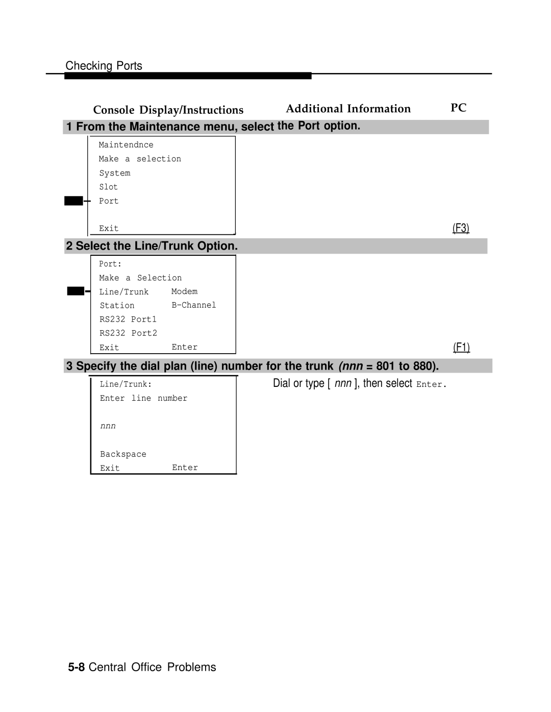 AT&T 3.0 manual From the Maintenance menu, select the Port option, Select the Line/Trunk Option 