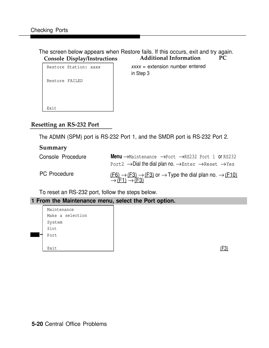 AT&T 3.0 manual Resetting an RS-232 Port, Console Procedure, PC Procedure, → F1 → F3 