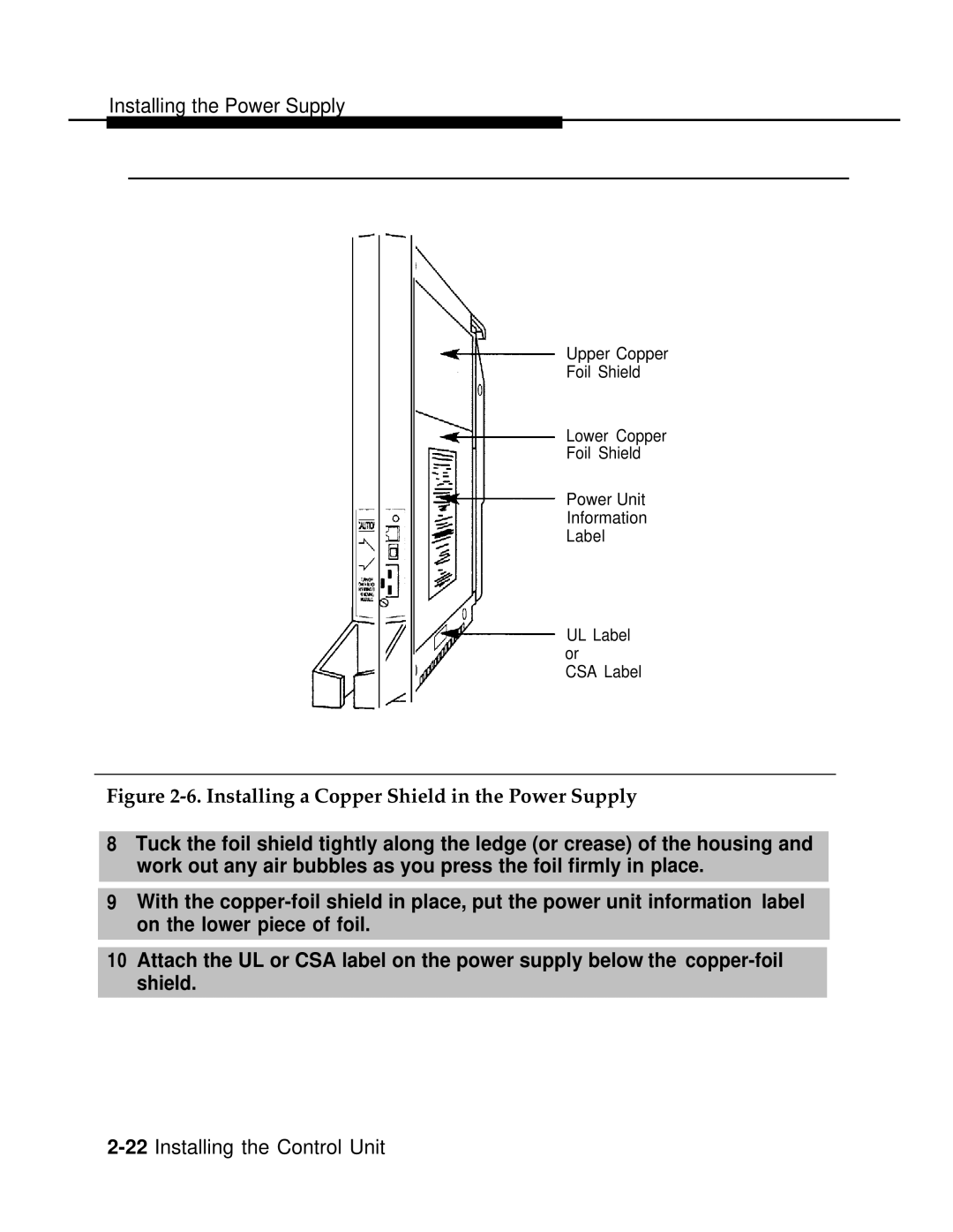 AT&T 3.0 manual Installing a Copper Shield in the Power Supply 